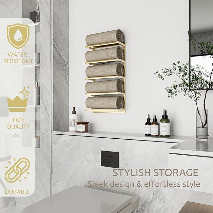 Modern Tiered Towel Rack - Wall-Mounted Metal Towel Shelf for Bathroom, Space-Saving Storage for Towels, Organizers, and Home Decor (Gold, 5-Tier) - ModernBath