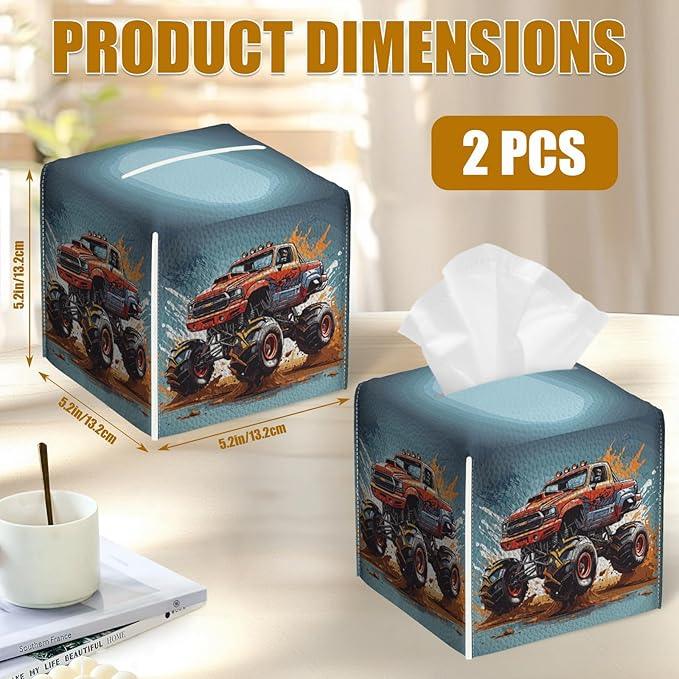 Monster Truck Tissue Box Cover 2PCS, Leather Tissue Box Holder Square Facial Paper Case Tissue Box Cube Organizer for Bathroom Bedroom Desk Office - ModernBath