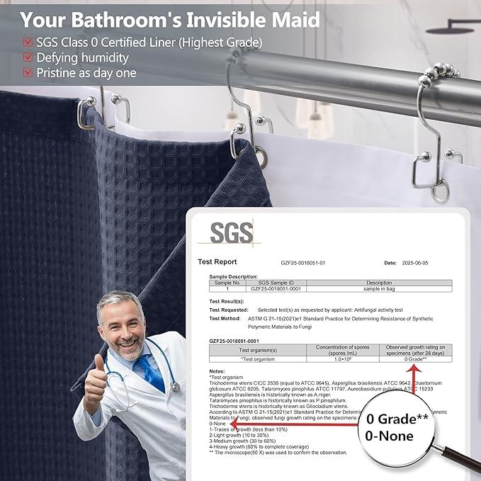 Luxury 3 in 1 Shower Curtain Set 3D Textured Waffle Weave Bathroom Curtain with Waterproof SGS Certified Fabric Liner & 12 Anti-Fall Stainless Steel Hooks, Machine Washable 72"x84" (Navy Blue) - ModernBath