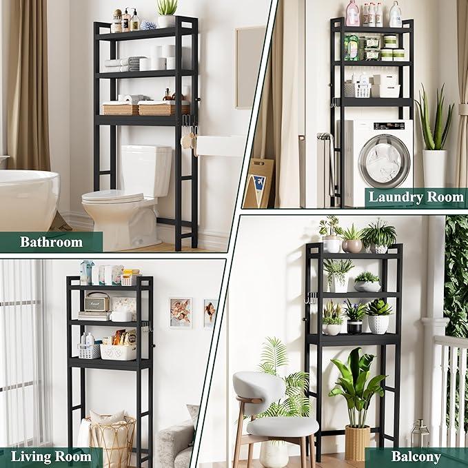 Smiry Over The Toilet Storage Cabinet, 3-Tier Bamboo Bathroom Organizers with Adjustable Shelf & 4 Hooks, Space Saving Shelf Rack for Bathrooms, Laundry Room, Balcony, Black - ModernBath