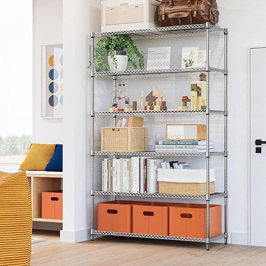 6 Tiers Storage Shelves Load 2100LBS, Metal Shelving Wire Metal Shelving Unit Shelves for Storage Adjustable Garage Shelving for Pantry Kitchen Garage Chrome 17.7" D x 47.3" W x 82.4" H - ModernBath