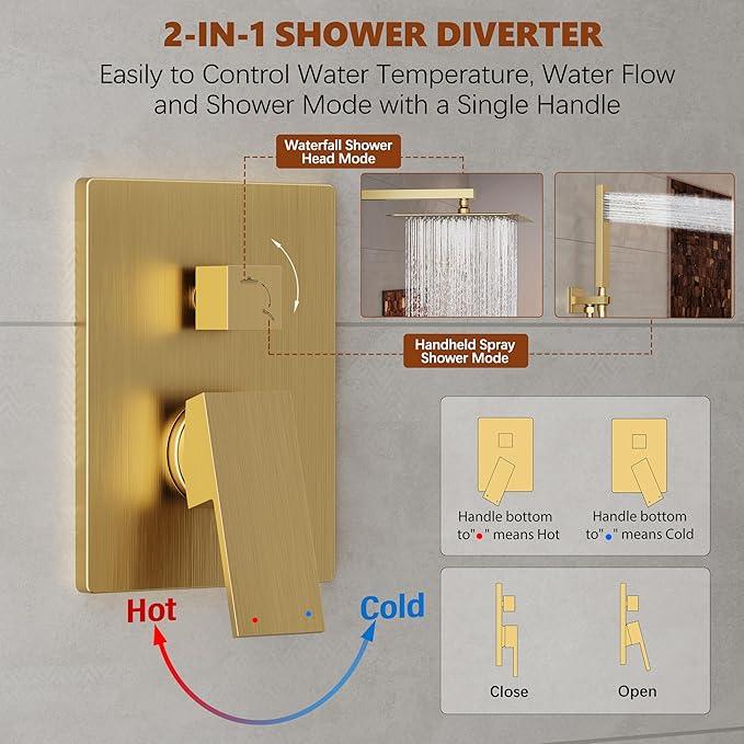 Kurpot Gold Shower System, 10'' Square Rainfall Shower Head with Handheld Combo Spray, Bathroom Brushed Gold Shower Faucet Set with Valve, 59'' Shower Hose, Shower Trim Kit and Diverter, Wall Mounted - ModernBath