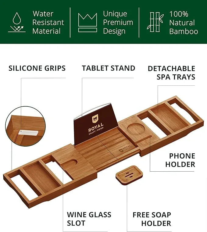 ROYAL CRAFT WOOD Premium Foldable Bathtub Tray - Wood Bath Tray for Tub, Bamboo Shelf, Expandable Bath Table Trays, Bathtub & Bathroom Accessories for New Home Gifts for Mom - ModernBath