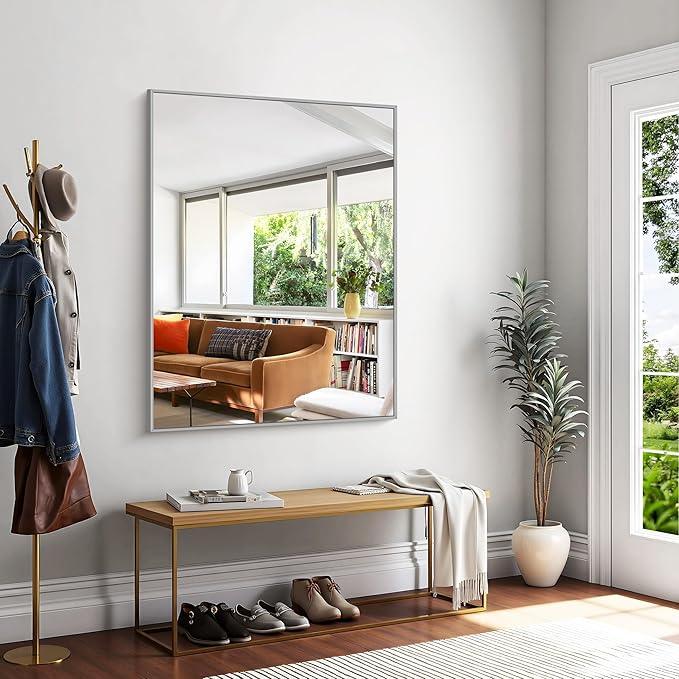 KOCUUY Silver Bathroom Mirror, 48"x36" Large Rectangle Bathroom Mirror for Wall, HD Tempered Glass, Anti-Rust Brushed Silver Frame, Modern Design for Bathroom, Bedroom, Hang Horizontal/Vertical - ModernBath