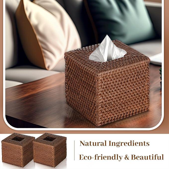 Kigley 2 Pcs Square Rattan Tissue Box Cover Boho Wicker Tissue Cube Box Cover 5.5'' x 5.5'' x 5.5'' Decorative Natural Wicker Hand Woven Napkin Box Holder Bathroom Office Car Accessories (Brown) - ModernBath
