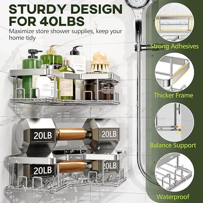 MAXIFFE 3 Pack X-Large Corner Shower Caddy with Soap Holder, Large Capacity Sturdy Easy Install No Drilling Stainless Steel Hold 40 LB Shower Organizer Shelves Rack for Family Renter Bathroom, Silver - ModernBath