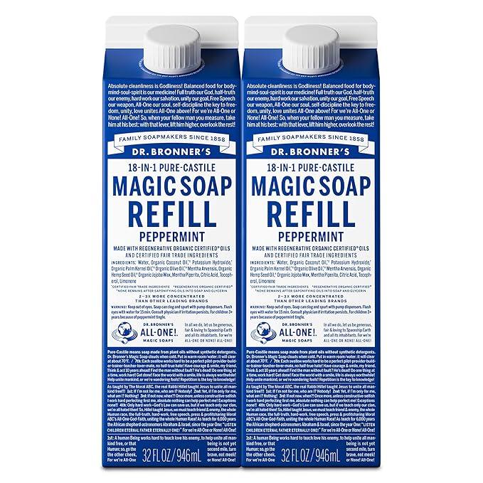 Dr. Bronner's Magic Soap-Pure-Castile Liquid Refill (Peppermint, 32 ounce, 2-Pack) - Regenerative Organic Certified Oils, For Body, Hair, Laundry, Pets & Dishes, Concentrated, Vegan, Non-GMO - ModernBath