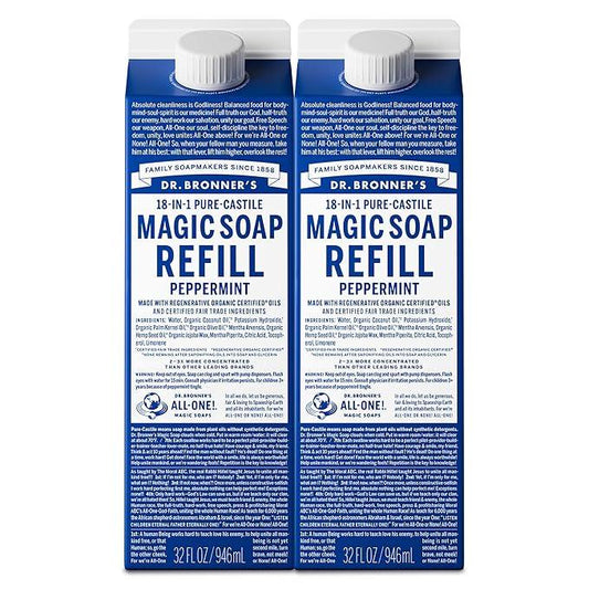 Dr. Bronner's Magic Soap-Pure-Castile Liquid Refill (Peppermint, 32 ounce, 2-Pack) - Regenerative Organic Certified Oils, For Body, Hair, Laundry, Pets & Dishes, Concentrated, Vegan, Non-GMO - ModernBath