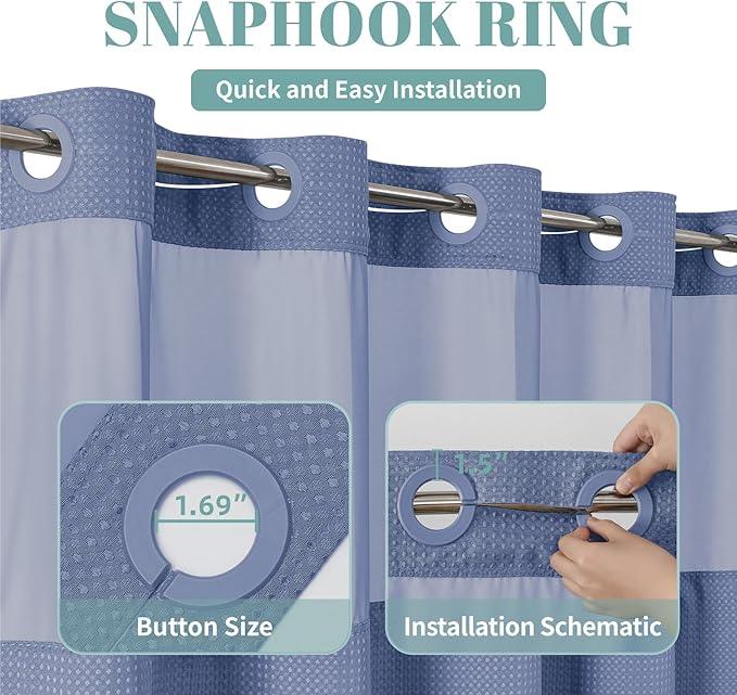 eachope MoonLightBlue No Hook Waffle Weave Shower Curtain with snap-in Liner Replacement, 230GSM Waterproof Fabric Hotel Shower Curtain Set for Bathroom, Through Mesh Top Window,54Wx80H - ModernBath