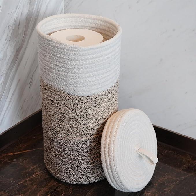 Toilet Paper Holder Handmade – Woven Toilet Paper Stand & Storage Basket with Lid, Freestanding Organizer for Bathroom, Cotton Fits 3 Rolls Gradient Brown - ModernBath