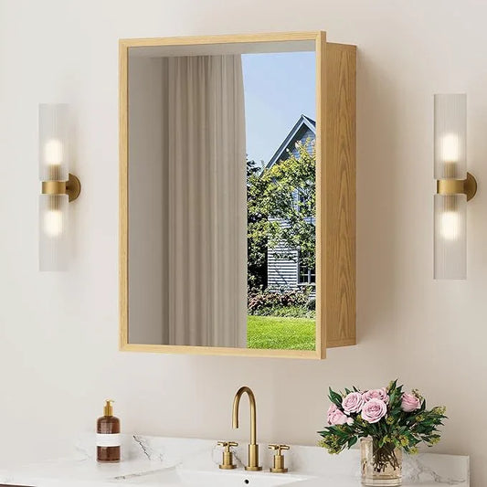 24x30 Inch Wood Medicine Cabinet with Mirror, Surface or Recessed Mounted Bathroom Cabinets with Adjustable Shelves, Soft-Close Hinges, Wall Mounted Cabinet for Storage, Oak-Grain - ModernBath