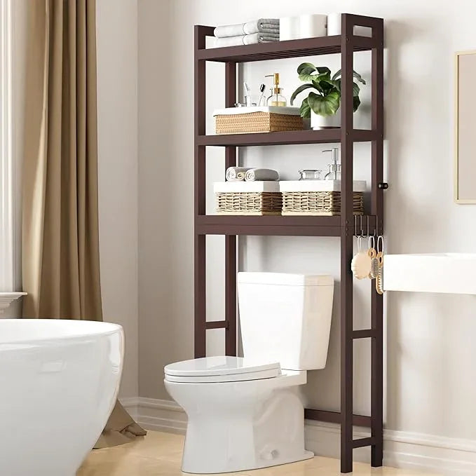 Smiry Over The Toilet Storage Cabinet, 3-Tier Bamboo Bathroom Organizers with Adjustable Shelf & 4 Hooks, Space Saving Shelf Rack for Bathrooms, Laundry Room, Balcony, Brown - ModernBath