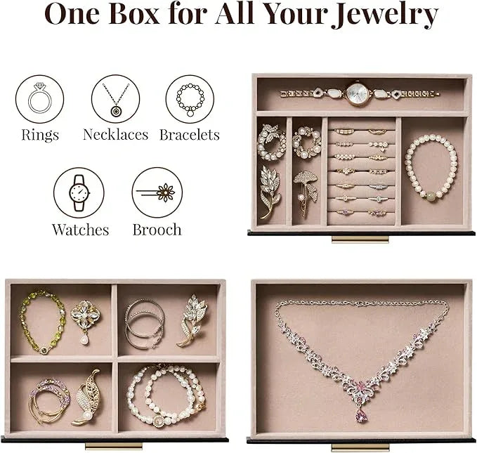 pickpiff Jewelry Box Organizer Case for Women: 3-Layer Jewelry Storage Case with Glass Window, Black Leather with Blush Velvet, Holder for Ring Necklace Bracelet Brooch Watch, Great Gift for Her - ModernBath