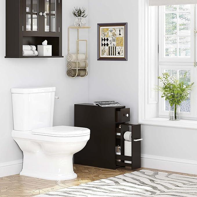Spirich Slim Bathroom Storage Cabinet, Free Standing Toilet Paper Holder, Bathroom Cabinet Slide Out Drawer, Espresso - ModernBath