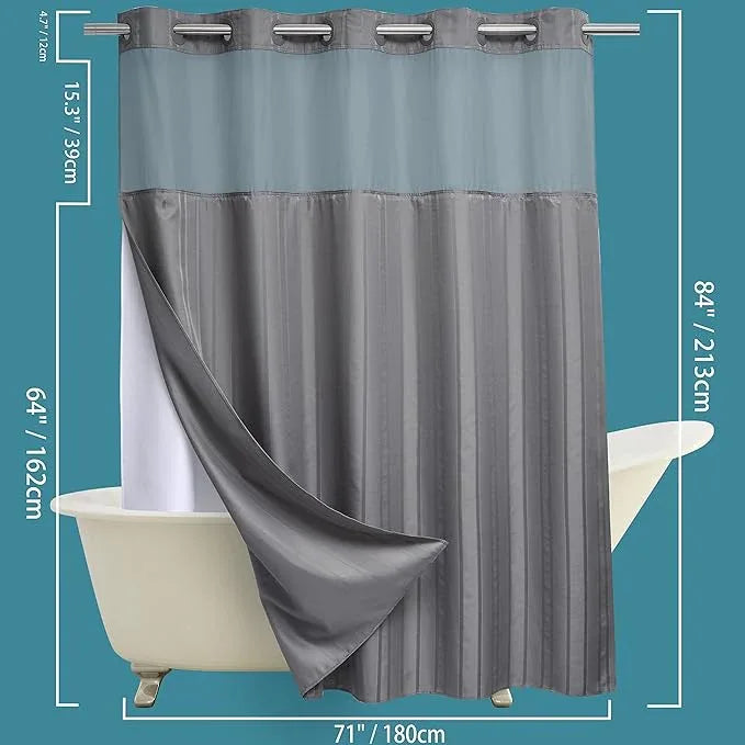 Extra Long No Hook Waffle Weave Shower Curtain with Snap in Liner Set, Hotel Luxury Grey Shower Curtains for Bathroom with See Through Top Window, Waterproof, Washable 71W x 84H Stripe - ModernBath