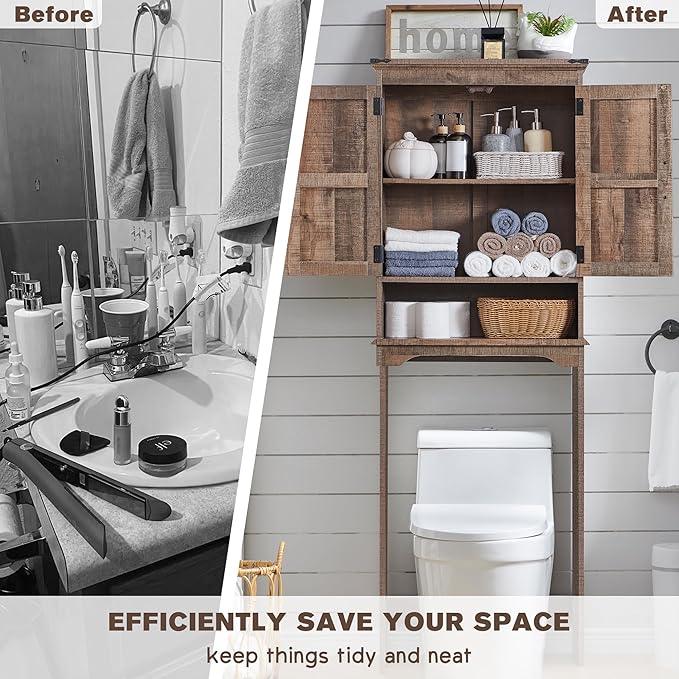 ACCOHOHO Over The Toilet Storage Cabinet, Farmhouse Bathroom Cabinet with Adjustable Shelf & Barn Door, 67" Tall Over The Toilet Shelf, Rustic Brown - ModernBath