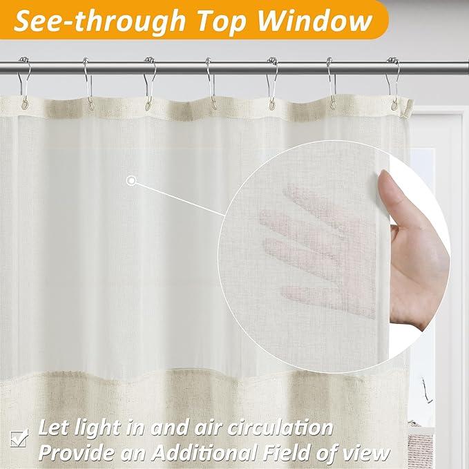 Naturoom Extra Long Shower Curtains 84 inches Linen Shower Curtain with Snap in Liner Set Boho Farmhouse Heavy Duty Textured Burlap Cloth Double Bath Curtains with See Through Top Window 72x84 - ModernBath