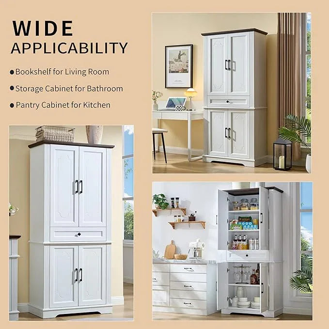 71" White Tall Pantry Cabinet with Drawer and Adjustable Shelves, Modern Storage Cabinet with Doors, Kitchen Buffet Cabinet, Food Pantry Storage Cabinet, Coffee Bar, Living Room and Dining Room - ModernBath