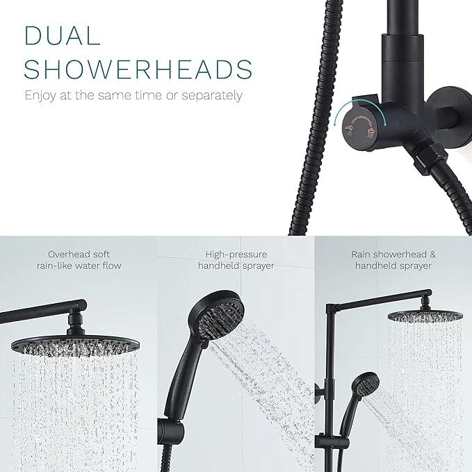 Fennocasa Polaris 3 Rain Shower System, 8” Rainfall Shower Head and Handheld Shower Combo, includes 3-Setting Handheld Spray, Height Adjustable Shower Wand Holder, 60” Hose (1.8 GPM Matte Black) - ModernBath