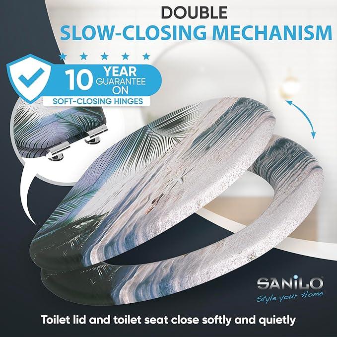 SANILO Wooden Toilet Seat with Soft Close [ELONGATED] - Decorative, Quiet & Slow Close Molded Wood Seat - With Strong Bumpers & Hinges - Adjustable Fit - Beach - ModernBath