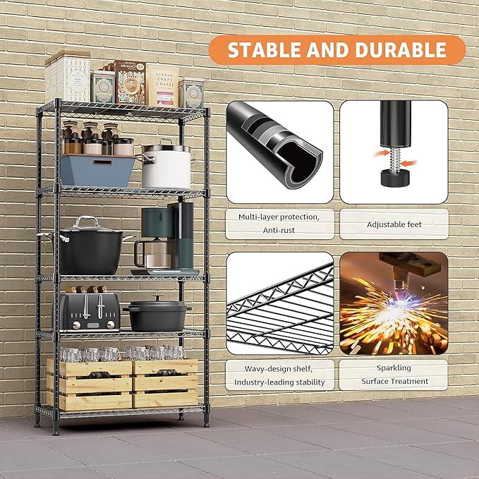 5 Tiers Shelf Metal Storage Shelves Standing 1750 LBs Household Shelf Organizer for Kitchen Pantry Closet Garage Basement Utility Room, Black15.7 D x 45.3" W x 70.4" H - ModernBath