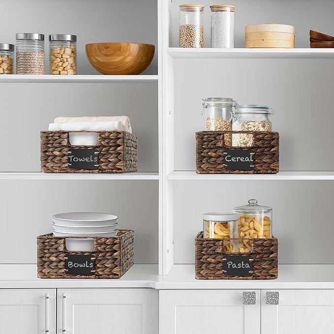 Casafield Set of 4 Water Hyacinth Pantry Baskets, 10" x 13" x 5", with Chalkboard Labels and Chalk Marker - Espresso, Woven Storage Bin Organizers for Kitchen Shelves - ModernBath