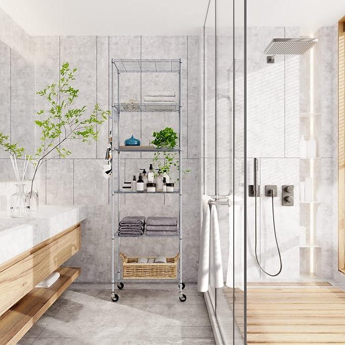 Homdox 6-Tier Storage Shelf Wire Shelving Unit Free Standing Rack Organization with Caster Wheels, Stainless Side Hooks, Silver Gray | Rack Organization, with Caster Wheels, Stainless Side Hooks - ModernBath