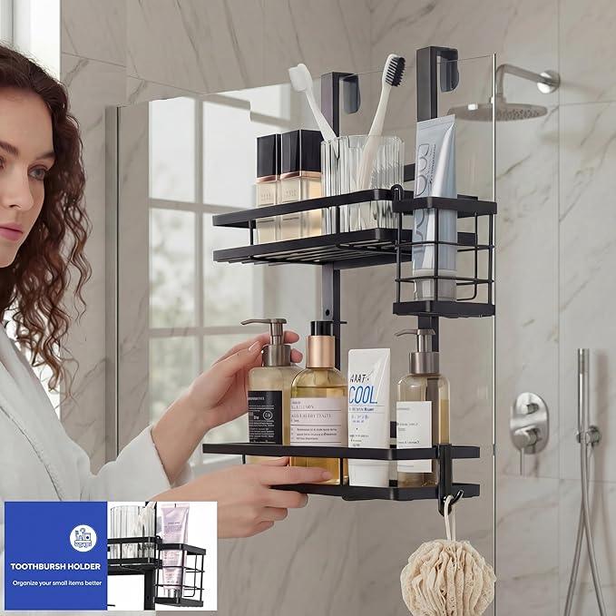 WEYALLE Over the Door Shower Caddy Hanging, Rustproof Shower Shelves with Waterproof Phone Pouch, 2-Tier Adjustable Bathroom Organizers and Storage, No Drilling Shower Shelf, Black Shampoo Soap Holder - ModernBath