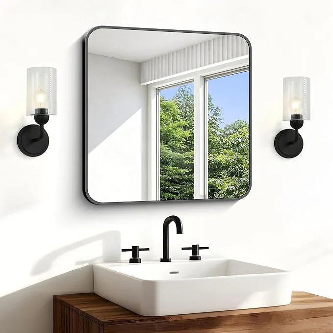 CIVENO Black Bathroom Mirror, 18 x 18 inch Square Mirrors for Wall, Metal Frame Rounded Corner Vanity Mirror for Over Sinks Modern Bedroom Living Room Horizontal Or Vertical Mounting - ModernBath