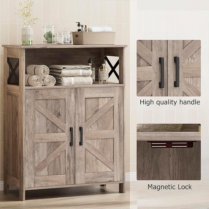 Homhedy Farmhouse Bathroom Storage Cabinet with 2 Doors, Toilet Paper Cabinet with Adjustable Shelves, Small Bathroom Cabinet for Kitchen/Laundry/Living Room, 11.8 x 23.6 x 31.5 Inches, Greige - ModernBath