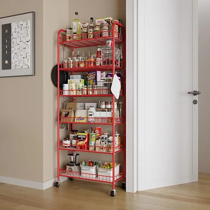 Slim Rolling Storage Cart, 6 Tier Metal Kitchen Rolling Utility Cart with Lockable Wheels for Kitchen, Bathroom, Laundry Room, Small Narrow Spaces (Red 10 Inches) - ModernBath