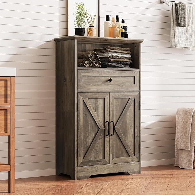 Floor Cabinet, Farmhouse Storage Cabinet with Barn Doors and Drawer, 11.81" D x 23.62" W x 39.37" H Grey Freestanding Adjustable Shelf Organizer for Bathroom, Kitchen, Living Room - ModernBath