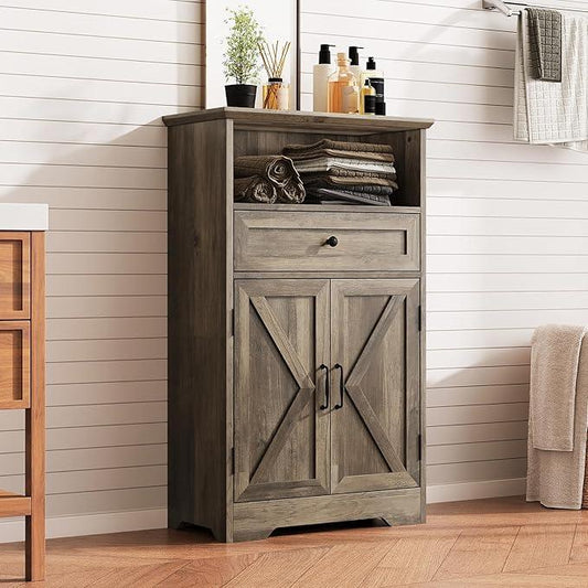 Floor Cabinet, Farmhouse Storage Cabinet with Barn Doors and Drawer, 11.81" D x 23.62" W x 39.37" H Grey Freestanding Adjustable Shelf Organizer for Bathroom, Kitchen, Living Room - ModernBath