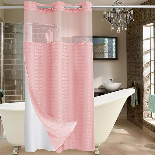 Conbo Mio Stall No Hook Shower Curtain with Snap in Liner Set, Hotel Luxury Pink Shower Curtains for Bathroom with See Through Top Window, Waterproof, Washable 36W x 74H - ModernBath
