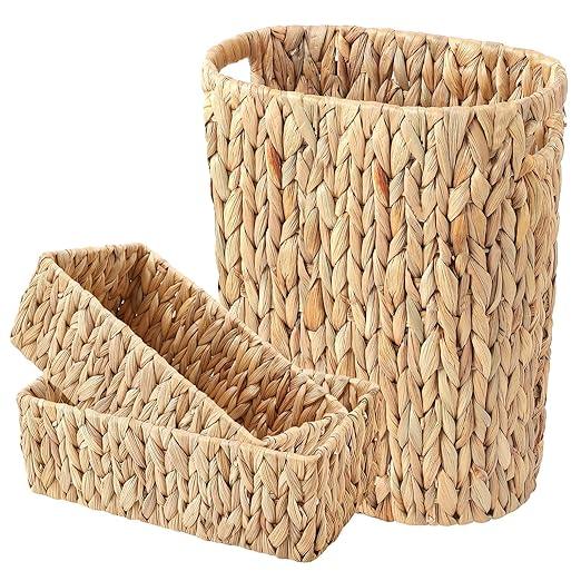 BSSN Water Hyacinth Trash Can 15L & Toilet Tank Basket,Natural Wicker Waste Bin with 2 Multifunctional Organizer Baskets for Bathroom, Toilet, Kitchen, Bedroom, Office, Balcony Decor - ModernBath