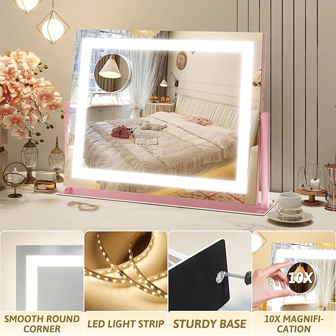 ROLOVE Pink Vanity Mirror with Lights 22"x18", Lighted Makeup Mirror with 10X Magnification, Smart Touch 3 Colors Dimmable, 360° Rotation, Gift for Teens - ModernBath