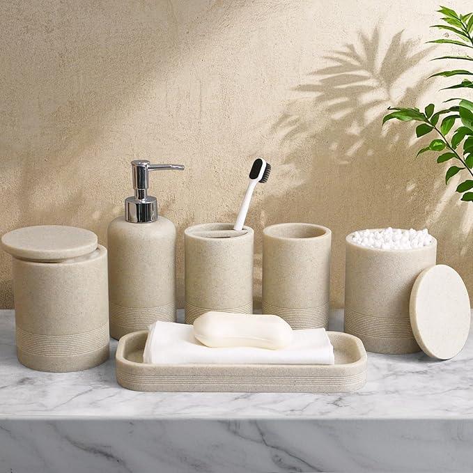 LIN CHUAN 6-Piece Bathroom Accessories Set, Bathroom Accessory Set with Soap Dispenser, Toothbrush Holder Set, Vanity Tray, Tumbler & 2 Cotton Swab Jars, Modern Stylish Bathroom Organizer(Beige) - ModernBath