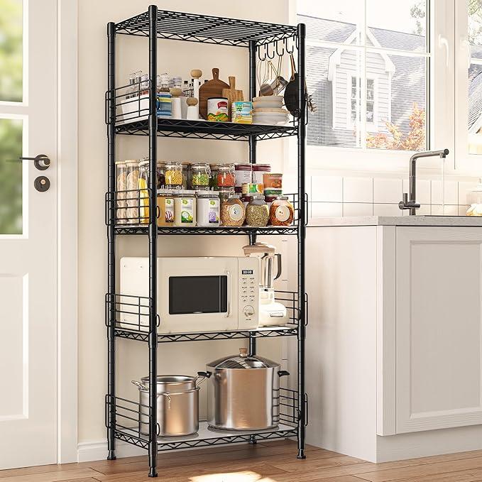5 Tier Metal Shelving Unit Pantry Storage Shelves with Side Blockers Adjustable Metal Wire Shelf with Hooks & Shelf Linker Standing Storage Rack for Kitchen Pantry Bathroom Closet,13.8"Dx21.7"Wx59.1"H - ModernBath