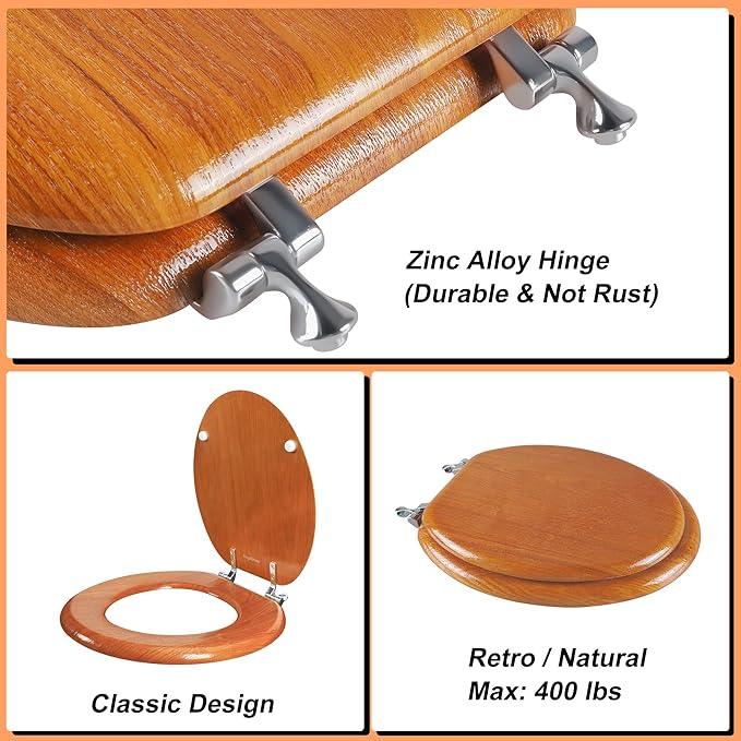 Angel Shield Durable Wood Veneer Natural Toilet Seat Metal Hinged Easy Clean Anti-scratch American Standard(Elongated,Wood Color) - ModernBath