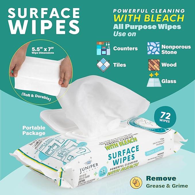 Juniper CLEAN 24 Pack Surface Cleaning Wipes with Bleach, All-Purpose Cleaner for Bathroom, Kitchen, Office, 1728 Count Soft Flow, Fresh Scent, Lint Free & Durable - ModernBath