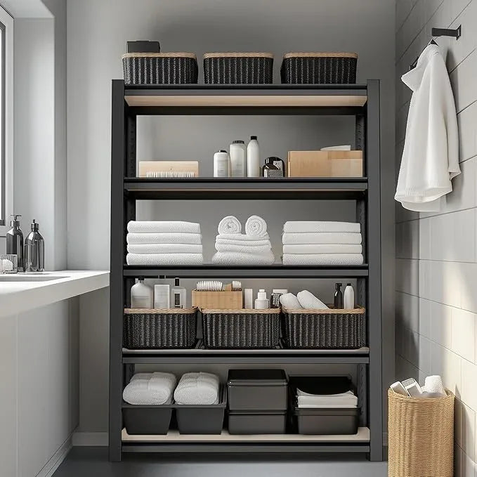 WORKPRO House 3000lbs 5-Tier Shelving Unit, 72" H Adjustable Storage Shelves, Boltless Book Shelf, Shelf Organizer for Kitchen, Living Room, Bathroom, Wood Grain Pattern, Waterproof Board, Black - ModernBath