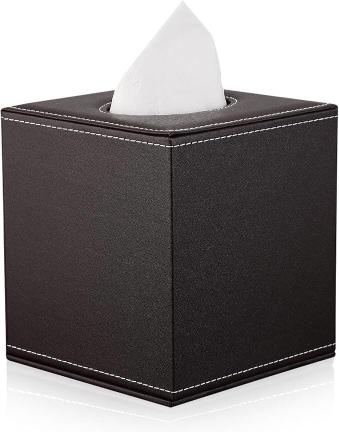 KINGFOM Square Pu Leather Tissue Box Cover, Modern Facial Tissue Holder, Roll Tissues Paper Case Dispenser for Bathroom Vanity Countertop, Night Stands, Office Desk & Car(Brown) - ModernBath