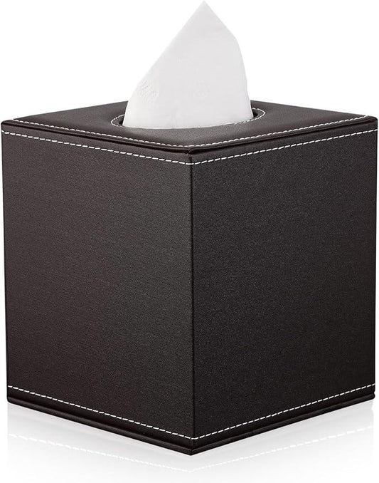 KINGFOM Square Pu Leather Tissue Box Cover, Modern Facial Tissue Holder, Roll Tissues Paper Case Dispenser for Bathroom Vanity Countertop, Night Stands, Office Desk & Car(Brown) - ModernBath