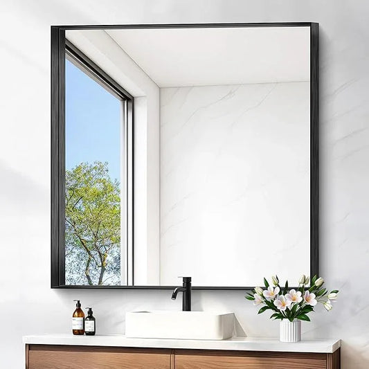 Black Bathroom Mirror, 42x42 Inch Rectangular Framed Mirror, Large Wall Mounted Bathroom Vanity Mirror Over Sink for Bedroom,Restroom, Living Room, Hangs Vertically or Horizontally - ModernBath