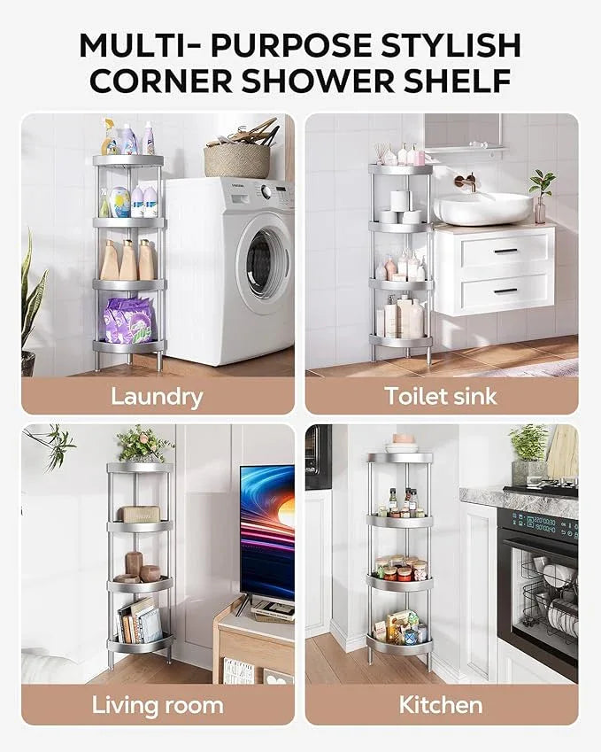 Nieifi Corner Shower Caddy Stand-4 Tier Rustproof Anodized Aluminum Standing Shower Organizer-Shower Caddy Corner-Dual Stability to Anti-Shaking-Height-Adjustable Legs for Uneven Surfaces-Silver - ModernBath