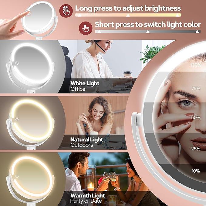 B Beauty Planet Vanity Mirror with Lights, 30X Magnifying Makeup Mirror with 3 Lighting and Adjustable Brightness, Rechargeable 2-Sided Height Adjustable Desk Mirror for Bathroom, Gift for Women White - ModernBath