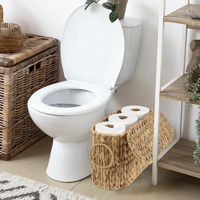 Toilet Paper Storage Basket with Lid, Water Hyacinth Slim Toilet Paper Holder - Holds Up to 6 Mega Rolls, Wicker Basket for Bathroom Accessories Decor Organizer - ModernBath