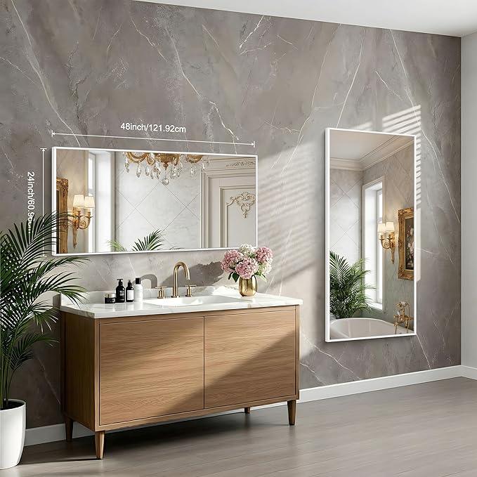 BONEWEI White Bathroom Mirror,24x48 inch Wall Mirror for Bathroom Wall Mounted,Rectangle Mirror for Bathroom Over Sink,Modern Metal Frame for Living Room,Bedroom Entryway,Horizontal/Vertical - ModernBath
