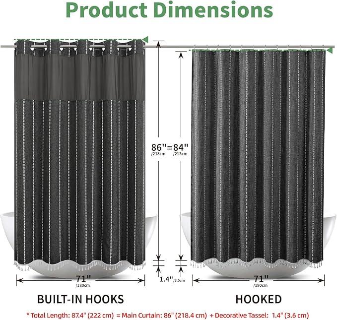 eachope No Hook Extra Long Shower Curtain Set with Snap-in Liner,Linen Textured Thick Striped Fabric with Tassels,Boho Chic Modern Farmhouse Bathroom Curtain,Water-Repellent,Charcoal Grey,71x86 - ModernBath