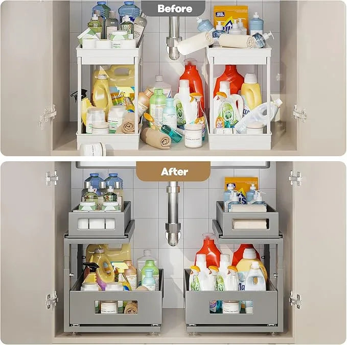 2 Pack 15.74IN-Depth Under Sink Organizer With Next-Gen Ball-Bearing Slides,2-Tier Pull Out Cabinet Storage,Height Adjustable Drawer Shelf for Bathroom,Kitchen,Laundry,Cabinet,Pantry-Gun Gray - ModernBath